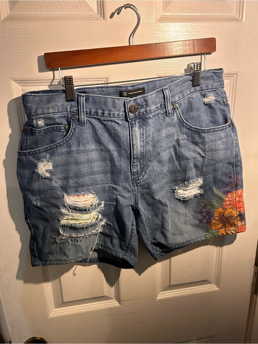 INC International Concepts Distressed Blue Denim Jean Shorts with Floral Accent